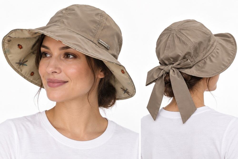 Merrell Sun Hat 57cm Tan Wide Brim Bow Back Ladybug Dragonfly Print